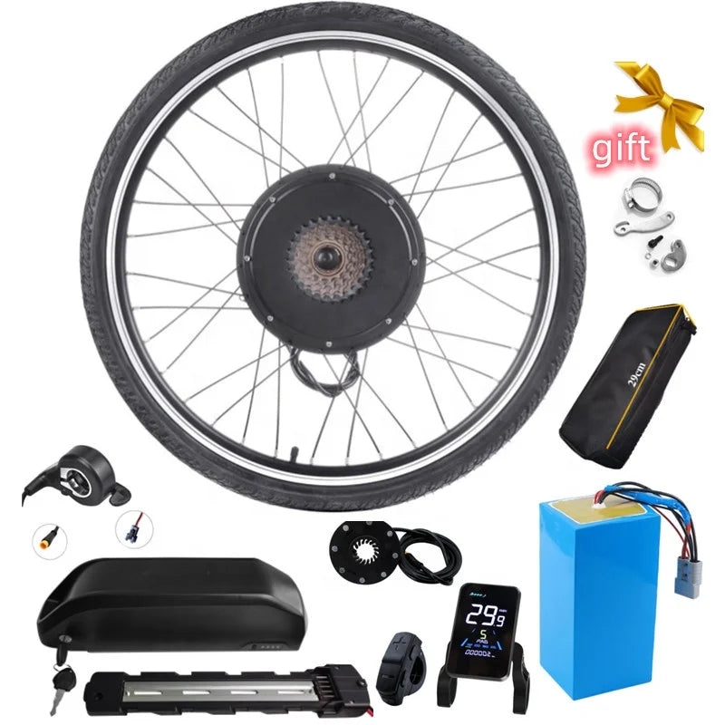 Electric bike conversion kit featuring a black hub motor wheel, rechargeable battery, LCD display, and accessories.