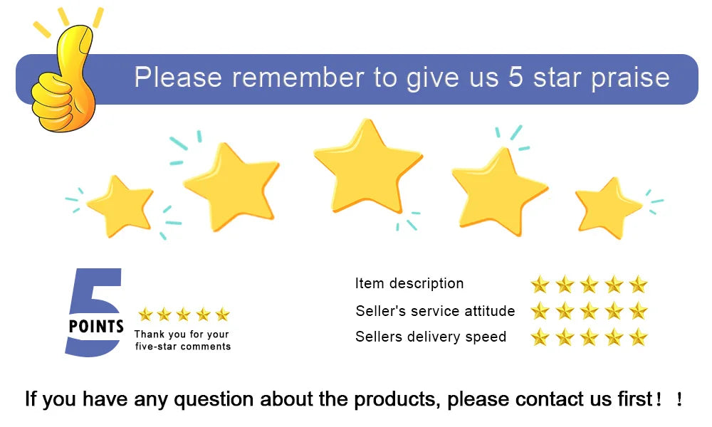 Graphic showing five yellow stars and a thumbs-up icon requesting five-star feedback and reviews for the product.