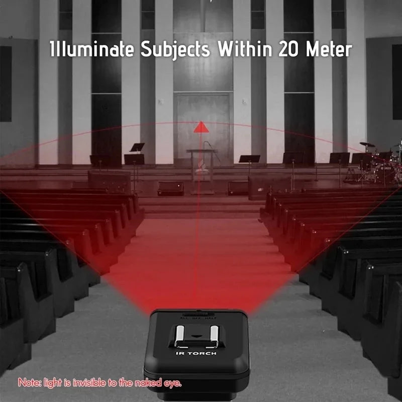 Black plastic infrared torch for cameras, showing a 20-meter range beam illuminating a church interior.