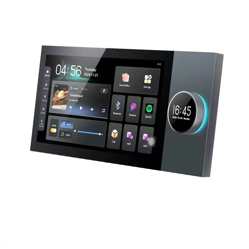 7-inch smart home control panel with a sleek black interface, touchscreen display, and integrated circular volume dial.