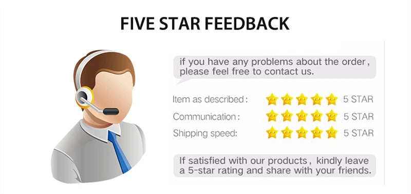 Customer service feedback graphic with a cartoon agent wearing a headset and three rows of five golden 5-star ratings.