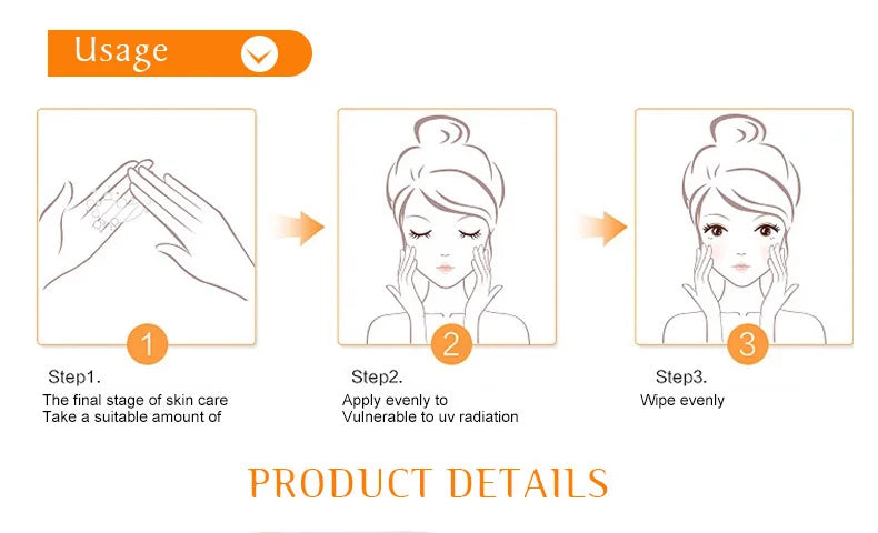 A three-step instructional graphic showing how to apply a skincare product using simple line drawings.