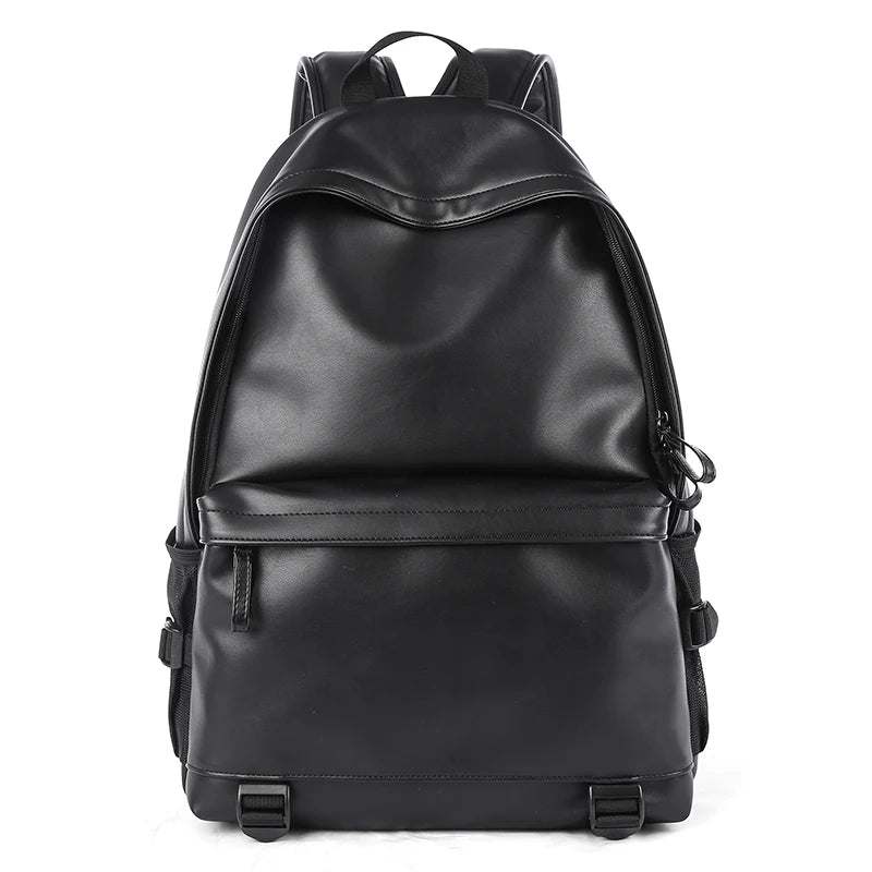 A sleek, professional black PU leather laptop backpack with a spacious main compartment and front zip pocket.