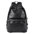 A sleek, professional black PU leather laptop backpack with a spacious main compartment and front zip pocket.