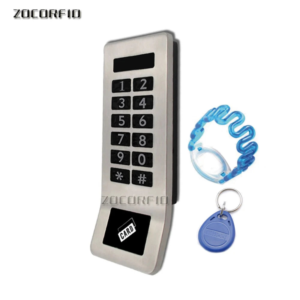 Silver metal keypad access controller with a black card reader, a blue silicone wristband, and a blue RFID key fob.