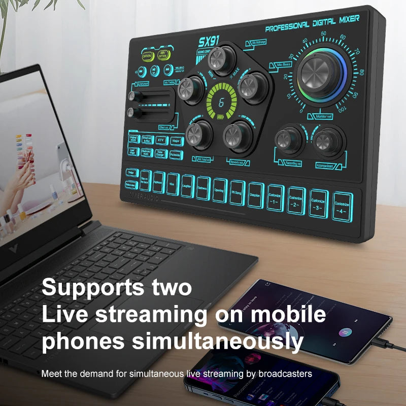 Black digital audio mixer with glowing blue RGB interface, multiple control dials, and sound effect buttons.