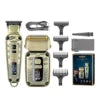 Gold cordless hair clipper set with digital display, foil shaver, four guide combs, USB cable and cleaning brush.