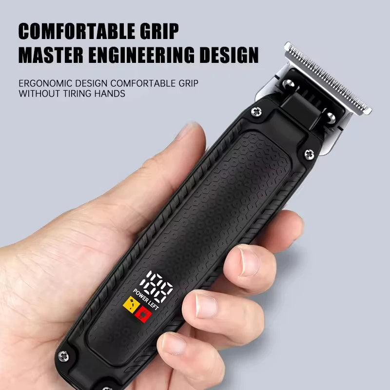 Black ergonomic cordless hair trimmer with a textured grip and a digital battery level display held in a hand.