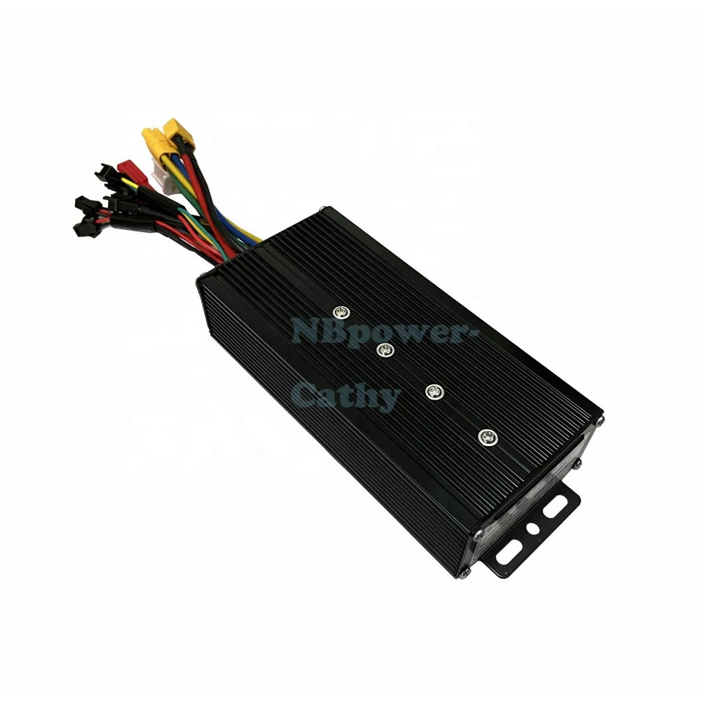 Black 2000W electric bike motor controller with a ribbed metal casing and a bundle of multi-coloured wiring connectors.