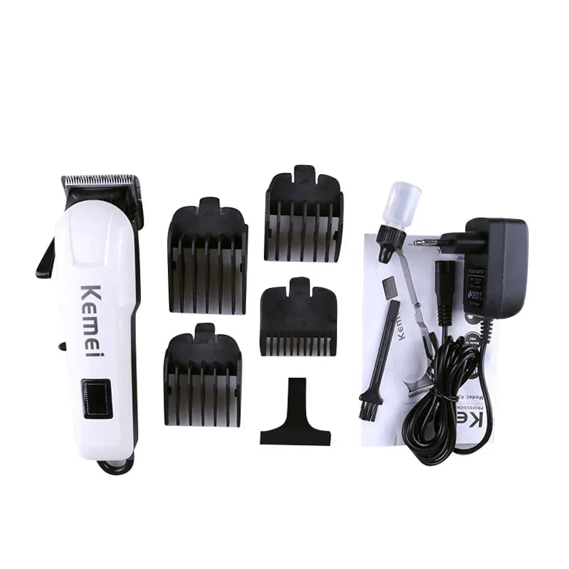 White cordless hair clipper with four comb attachments, a cleaning brush, oil bottle, and power charging cable.