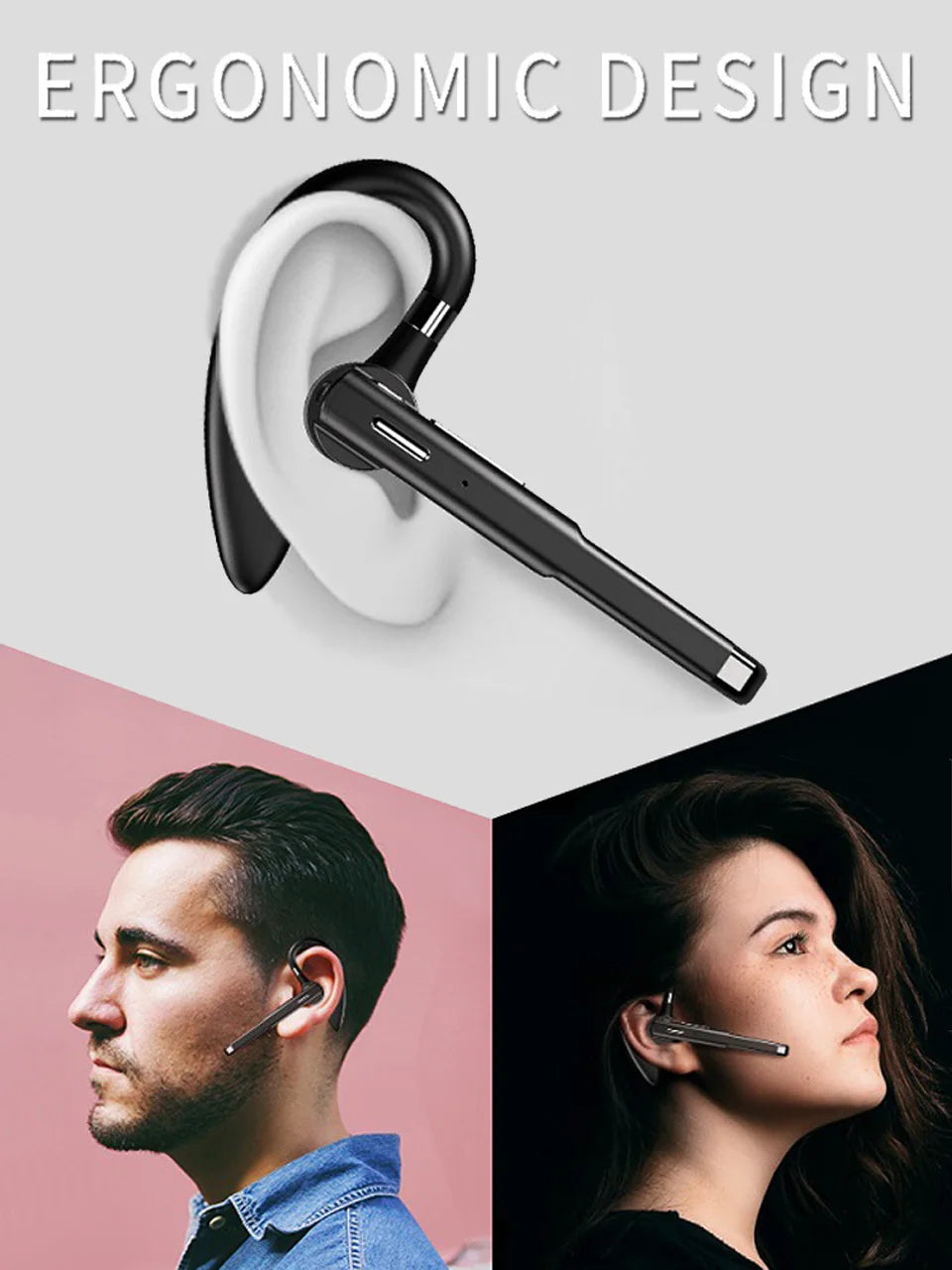 Sleek black wireless Bluetooth earpiece with an ergonomic hook design, suitable for men and women.