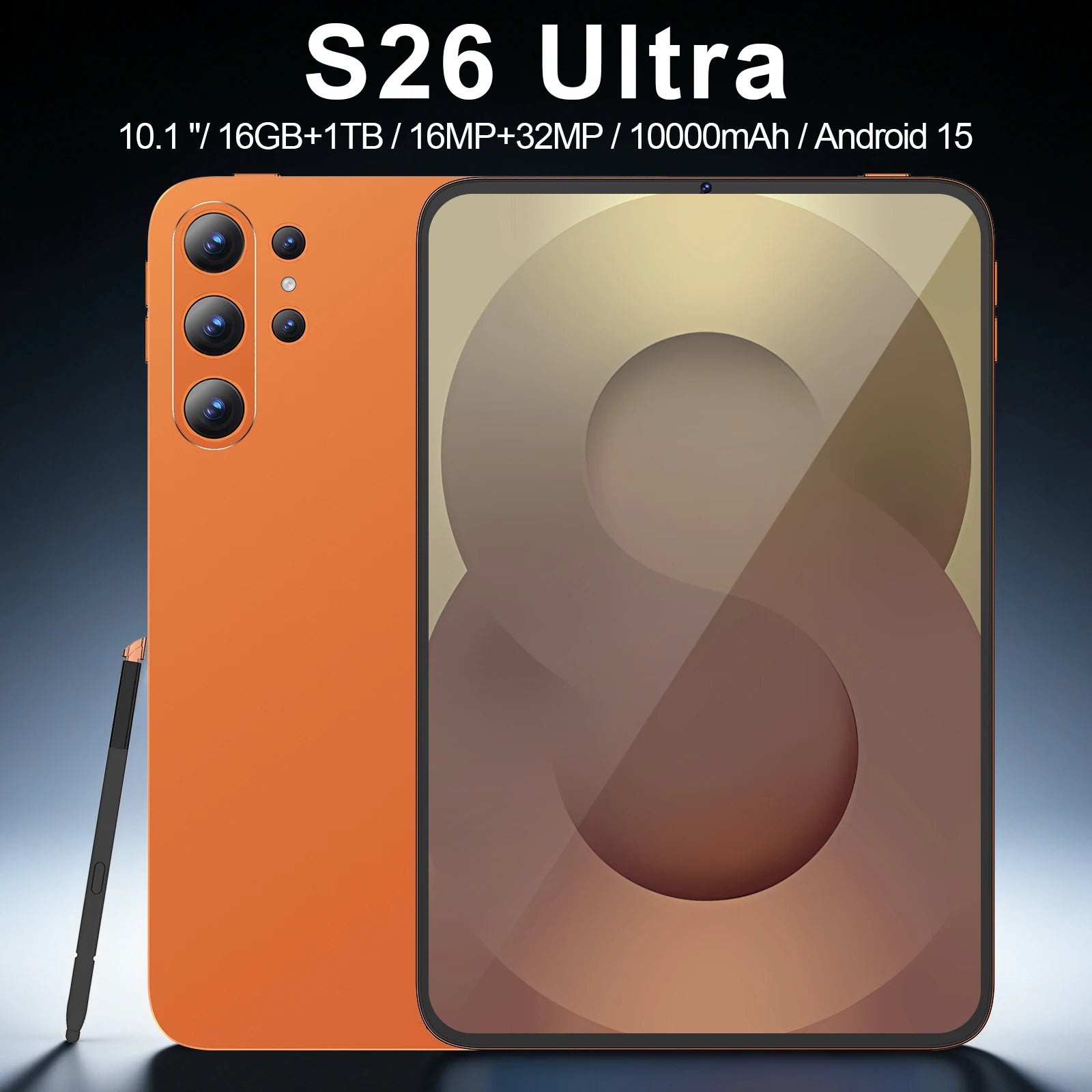 Orange 10-inch Android 15 tablet with 16GB RAM, 1TB storage, triple rear cameras, and an included stylus pen.