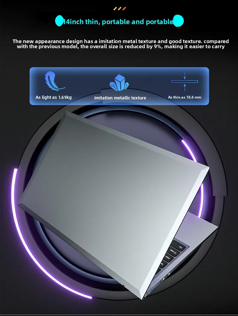 Slim 14-inch silver laptop with a metallic finish, weighing 1.69kg and measuring 18.6mm thin.