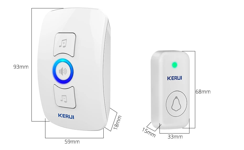White plastic wireless doorbell system with one transmitter button and a receiver with volume and music controls.