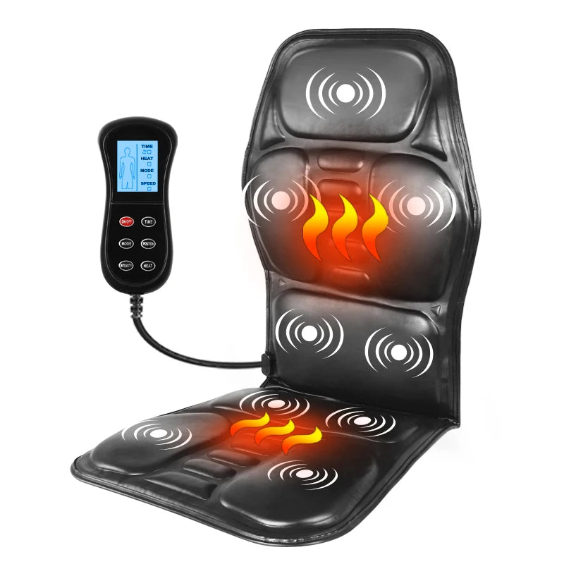 Black electric back massager cushion featuring vibration points, heat function, and a wired remote control.