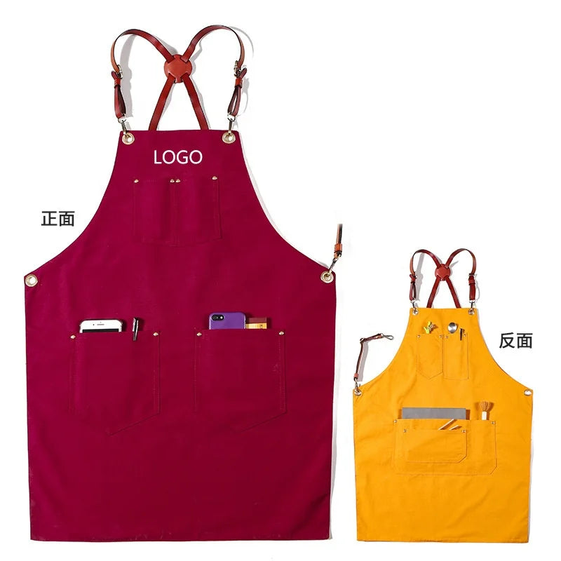 Burgundy and mustard yellow durable canvas work aprons with multiple pockets and adjustable brown leather cross-back straps.