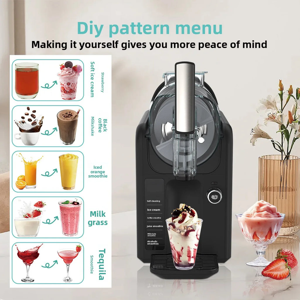 Black modern ice cream and smoothie maker with a menu display showing drink options and dessert preparation.