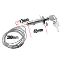 Silver metal cabinet cable lock with two keys, 12mm diameter, 48mm length, and a 200mm steel security cable.