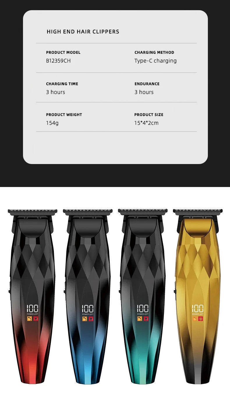 Four cordless T-blade trimmers with geometric metallic bodies in red, blue, green and gold, each with a digital display.