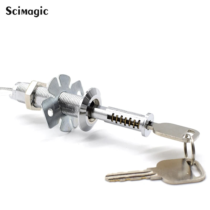 Silver metal cable window restrictor lock with a cylinder key mechanism and mounting plates.