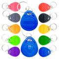 Set of colorful plastic RFID key fob tags with metal rings, arranged against a white background.
