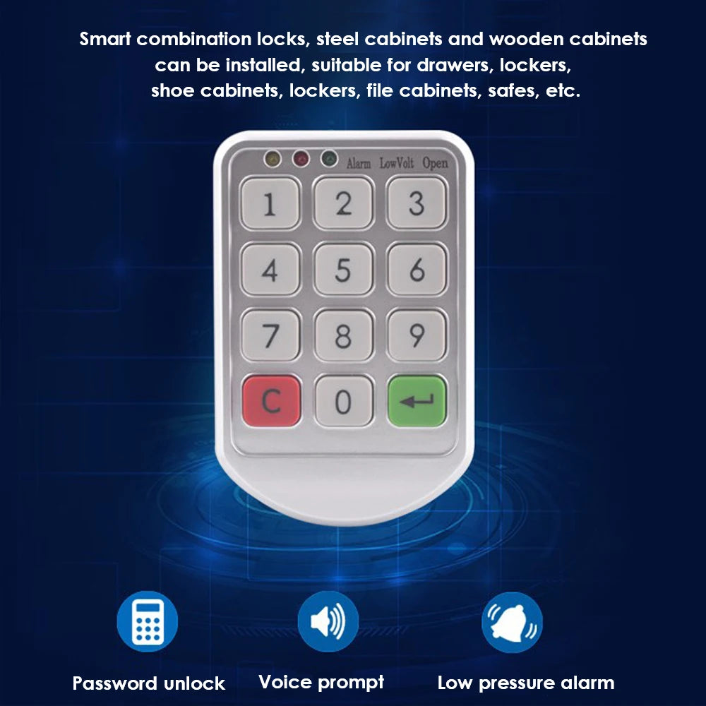 Silver electronic keypad combination lock with numeric buttons and status indicator lights for cabinet security.