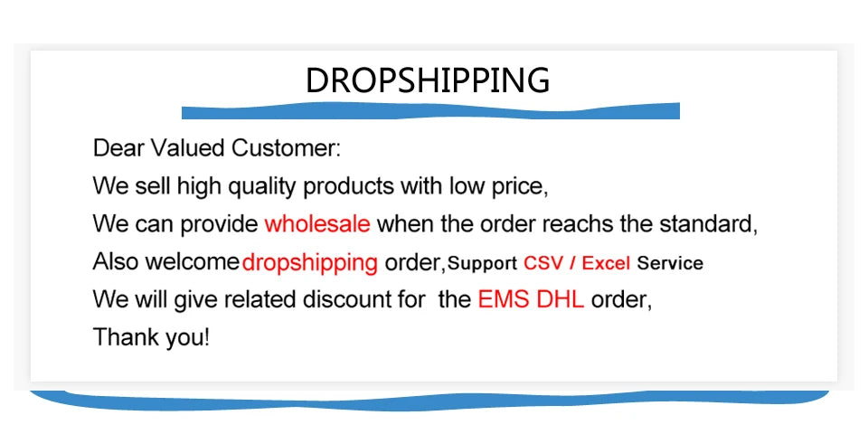 White informational sign with black text describing dropshipping, wholesale options, and shipping service details.