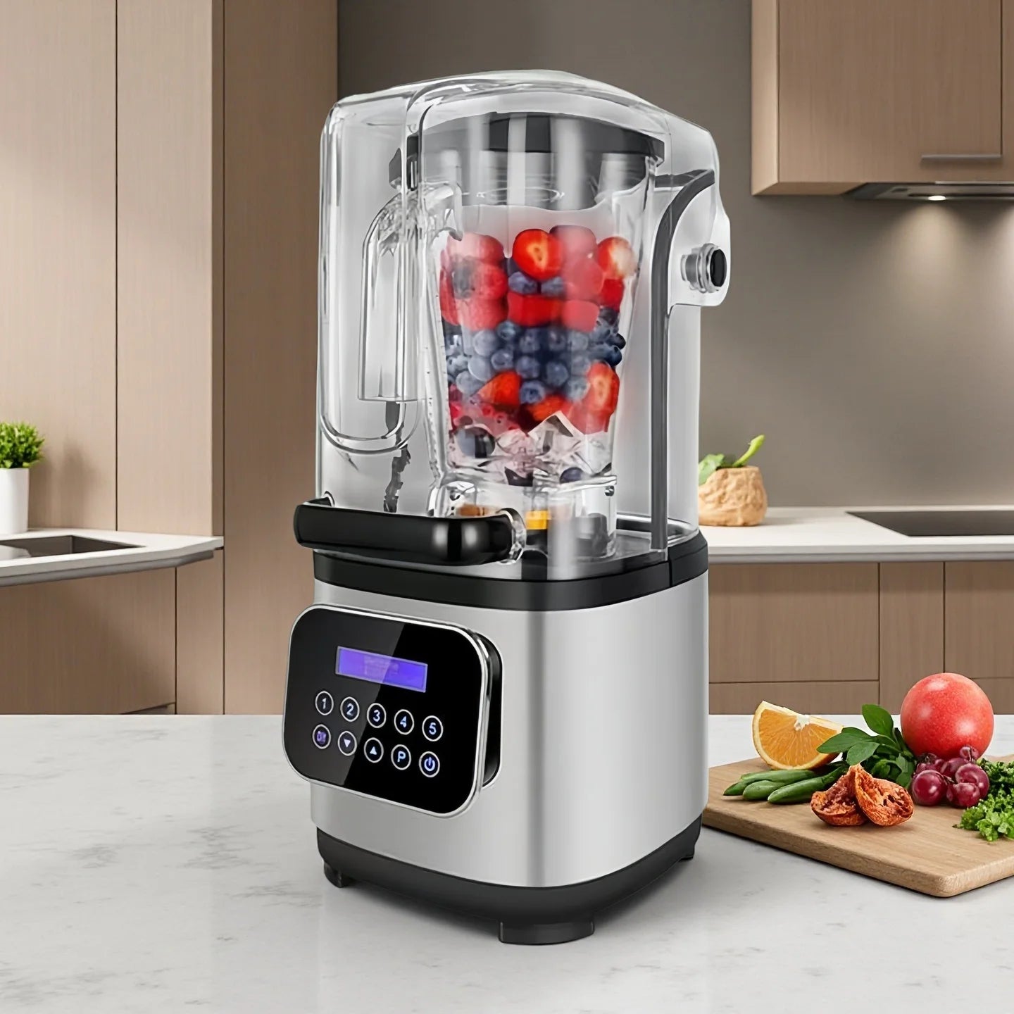 Silver, modern blender with a sound enclosure, digital touch-control base, and glass jar filled with fresh fruit.