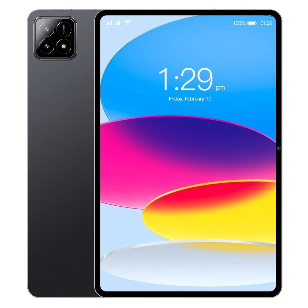 Sleek charcoal grey 10.1-inch tablet with a modern, slim-bezel screen and a triple-lens rear camera module.