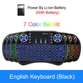 Black wireless mini keyboard with a touchpad, featuring a 7-colour backlit display and a rechargeable Li-ion battery.