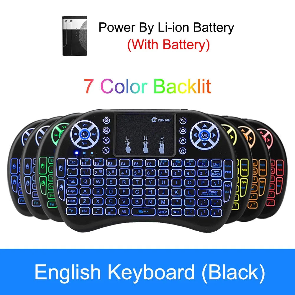Black wireless mini keyboard with a touchpad, featuring a 7-colour backlit display and a rechargeable Li-ion battery.