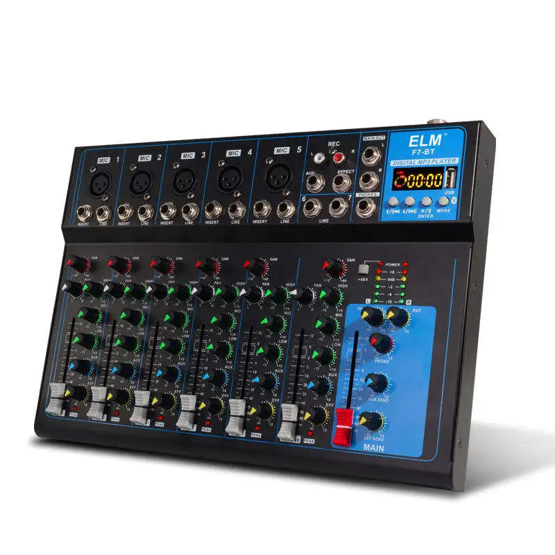 Black 7-channel DJ mixing console with blue accents, featuring multiple sliders, rotary dials, and a digital display.