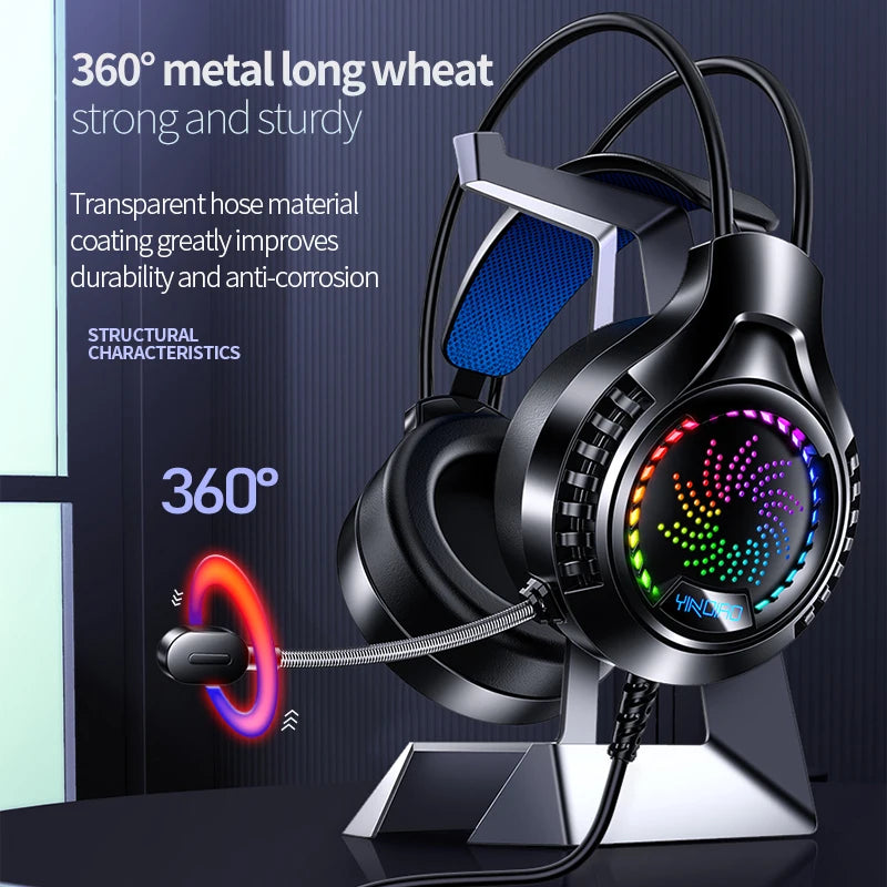 Black gaming headset with RGB lighting, flexible microphone, and cushioned headband on a display stand.