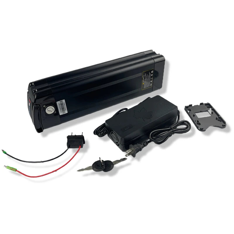 Black 48V 20Ah e-bike lithium battery pack with charger, mounting plate, keys, and wiring connectors.