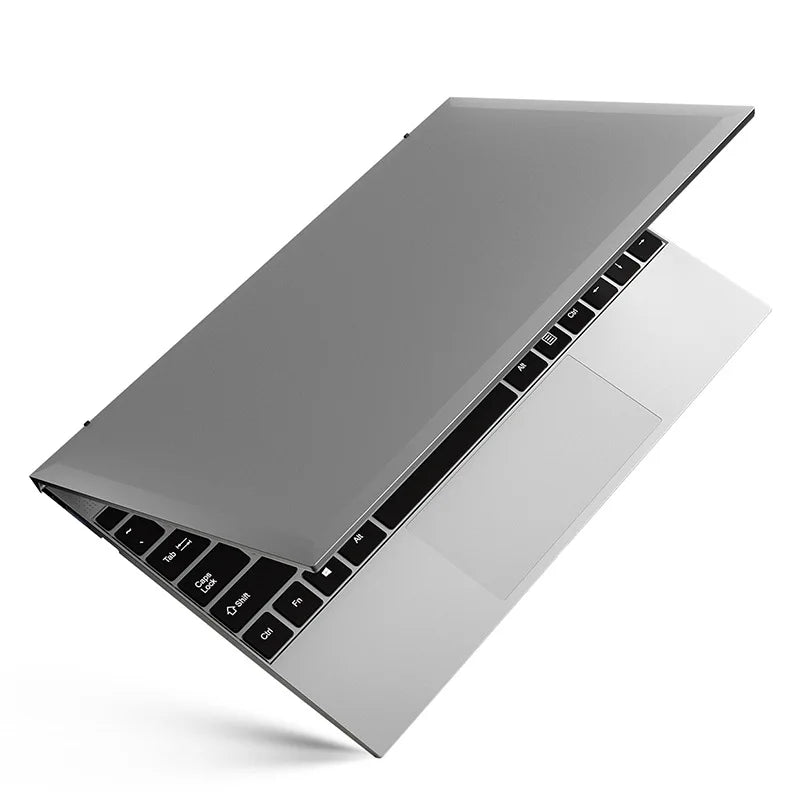 Sleek silver 14-inch laptop with a modern, slim design and black keyboard, shown partially open.