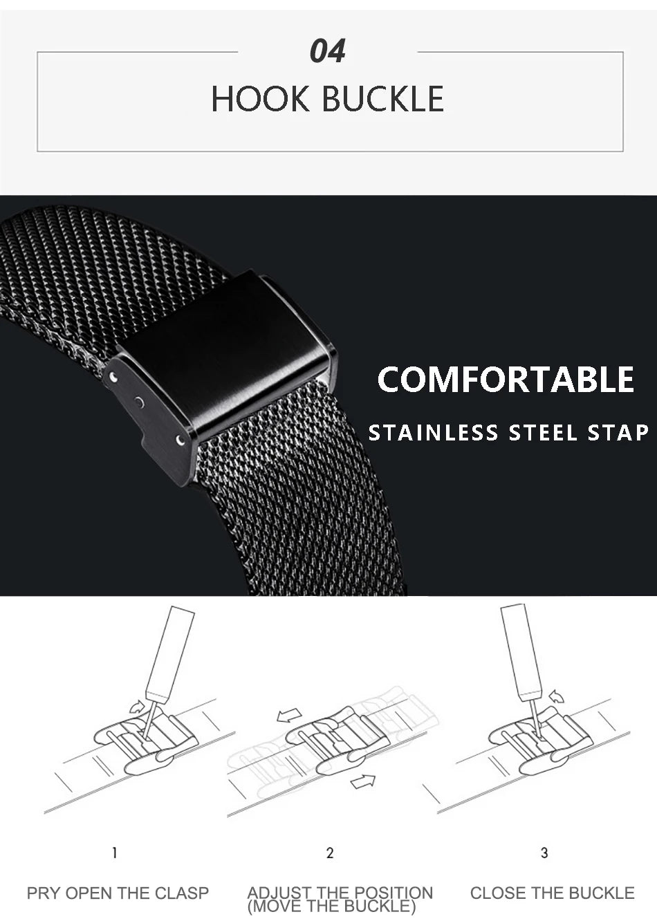 Close-up of a black stainless steel watch mesh strap with a hook buckle, featuring a diagram on how to adjust the clasp.