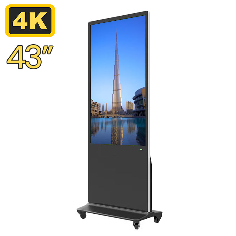 43-inch, 4K floor-standing digital advertising kiosk with a sleek black frame and base on lockable wheels.