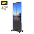 43-inch, 4K floor-standing digital advertising kiosk with a sleek black frame and base on lockable wheels.