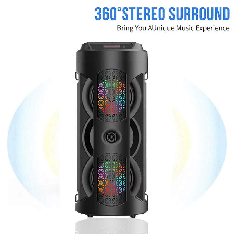 Black portable Bluetooth speaker with multicoloured light-up drivers and 360-degree stereo surround sound.