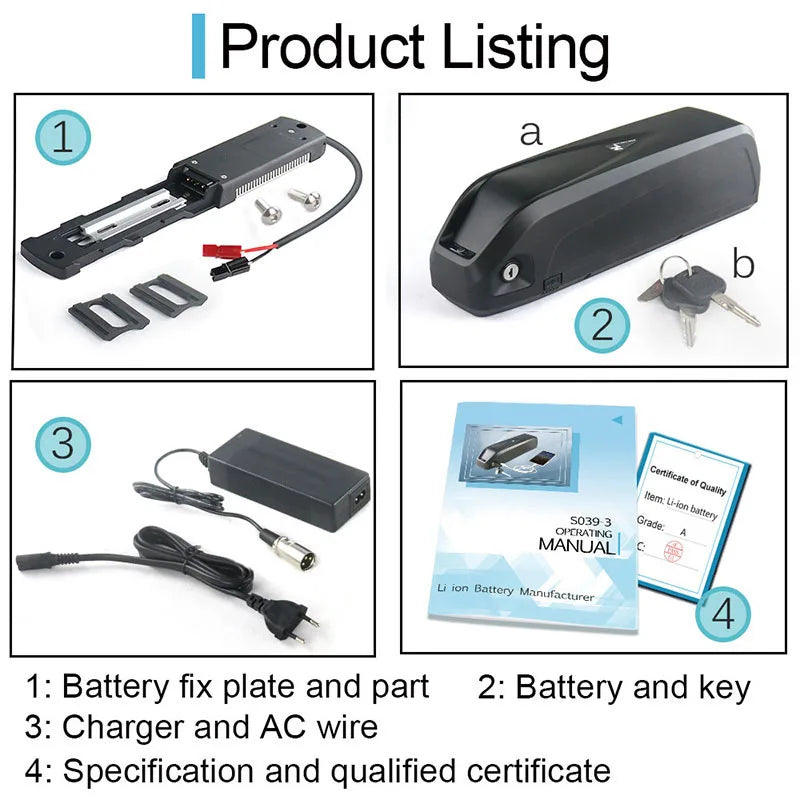 E-bike battery kit with mounting plate, black rechargeable battery with lock and keys, charger, and user manual.