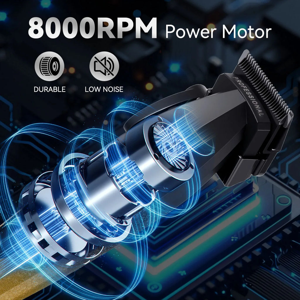 Black professional hair clipper featuring a high-speed 8000RPM motor, durable build, and low-noise technology.