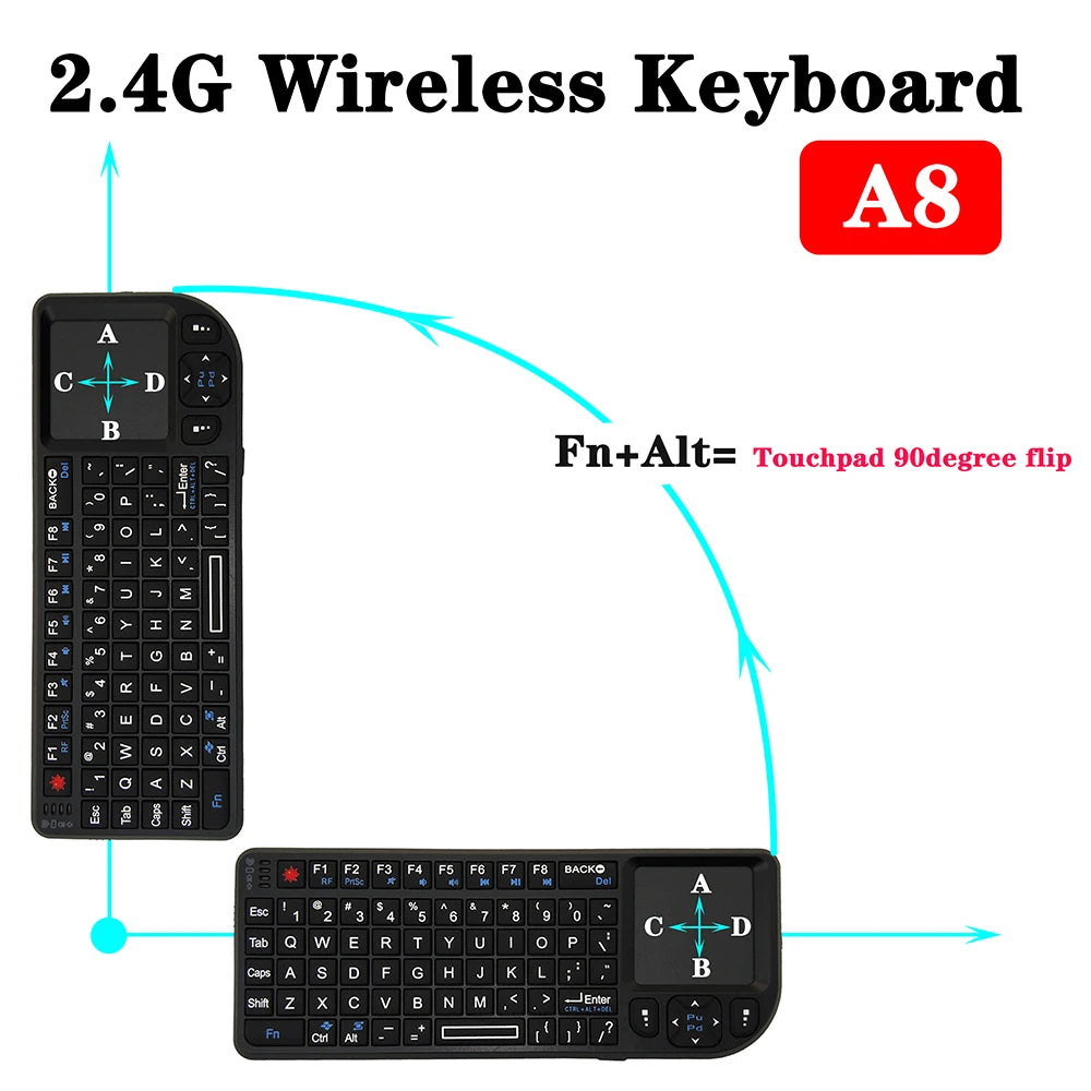 Black plastic 2.4G wireless handheld mini keyboard with QWERTY layout, navigation pad, and touchpad.