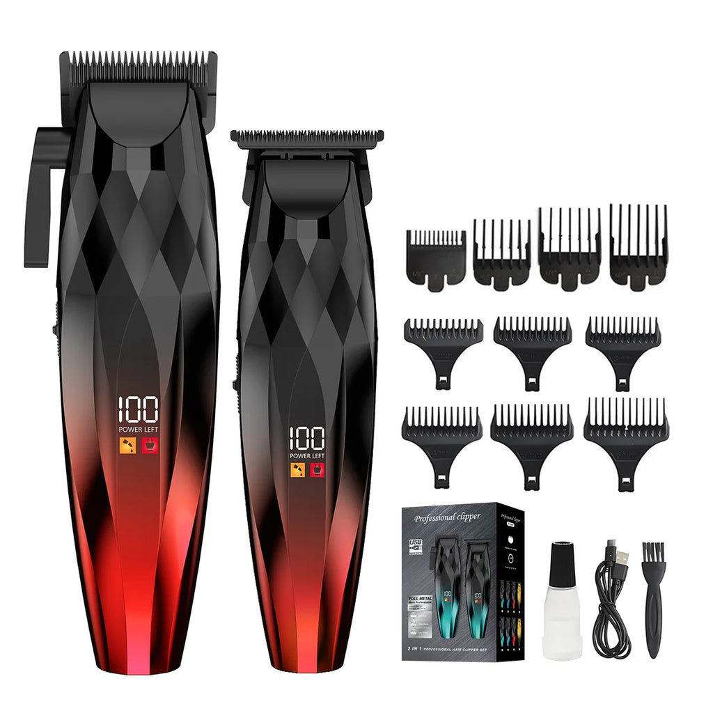 Professional cordless hair and beard trimmer set in black-to-red gradient, featuring digital displays and accessories.