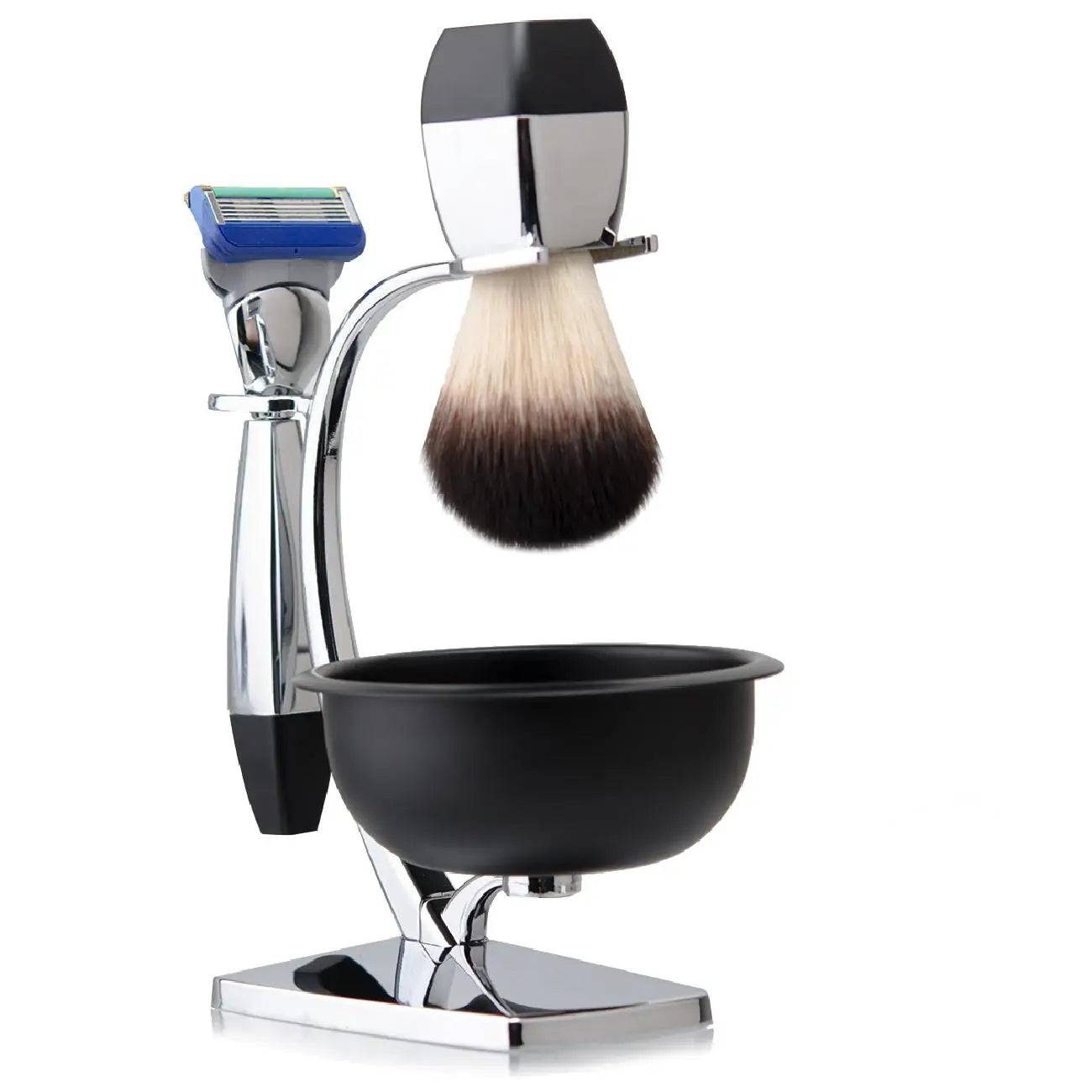 Chrome grooming set with a shaving brush, razor, and black shaving bowl on a matching stand.