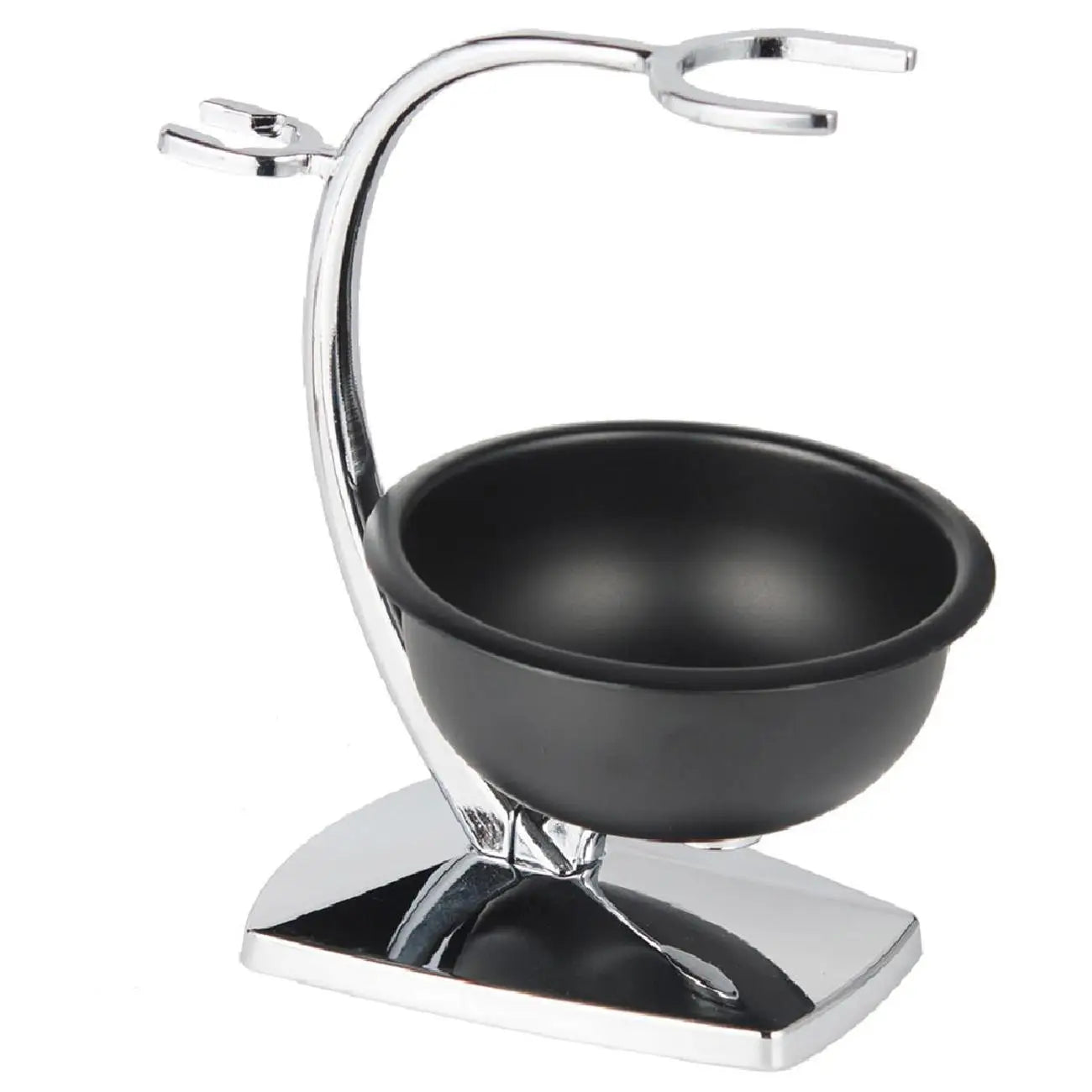 A chrome shaving stand with a curved holder for a razor and brush, featuring a matte black shaving bowl on a base.