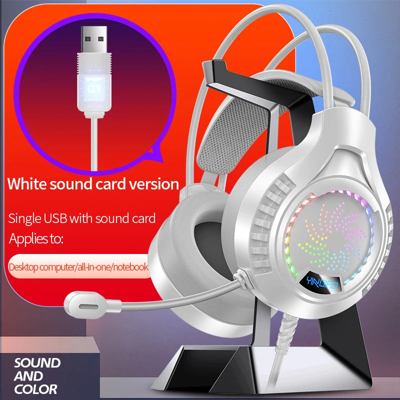 White gaming headset with adjustable headband, flexible microphone, and circular RGB light-up ear cups with USB plug.