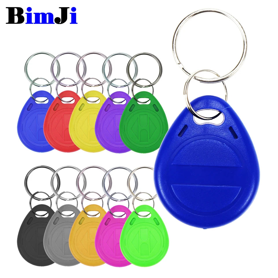 Set of teardrop-shaped plastic RFID key fobs in assorted colors with attached metal key rings.