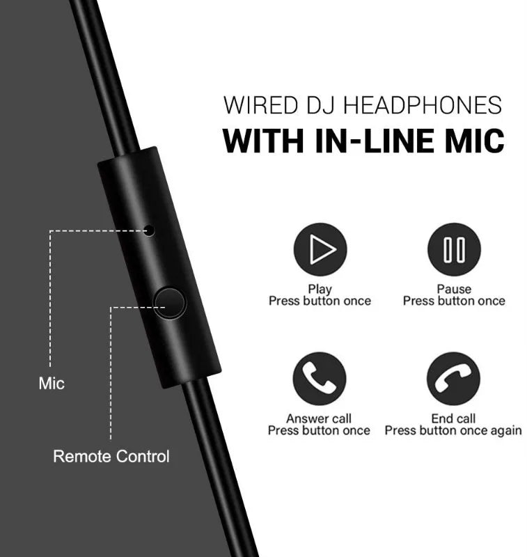Black wired headphones featuring an in-line remote control with a built-in microphone for calls and media playback.