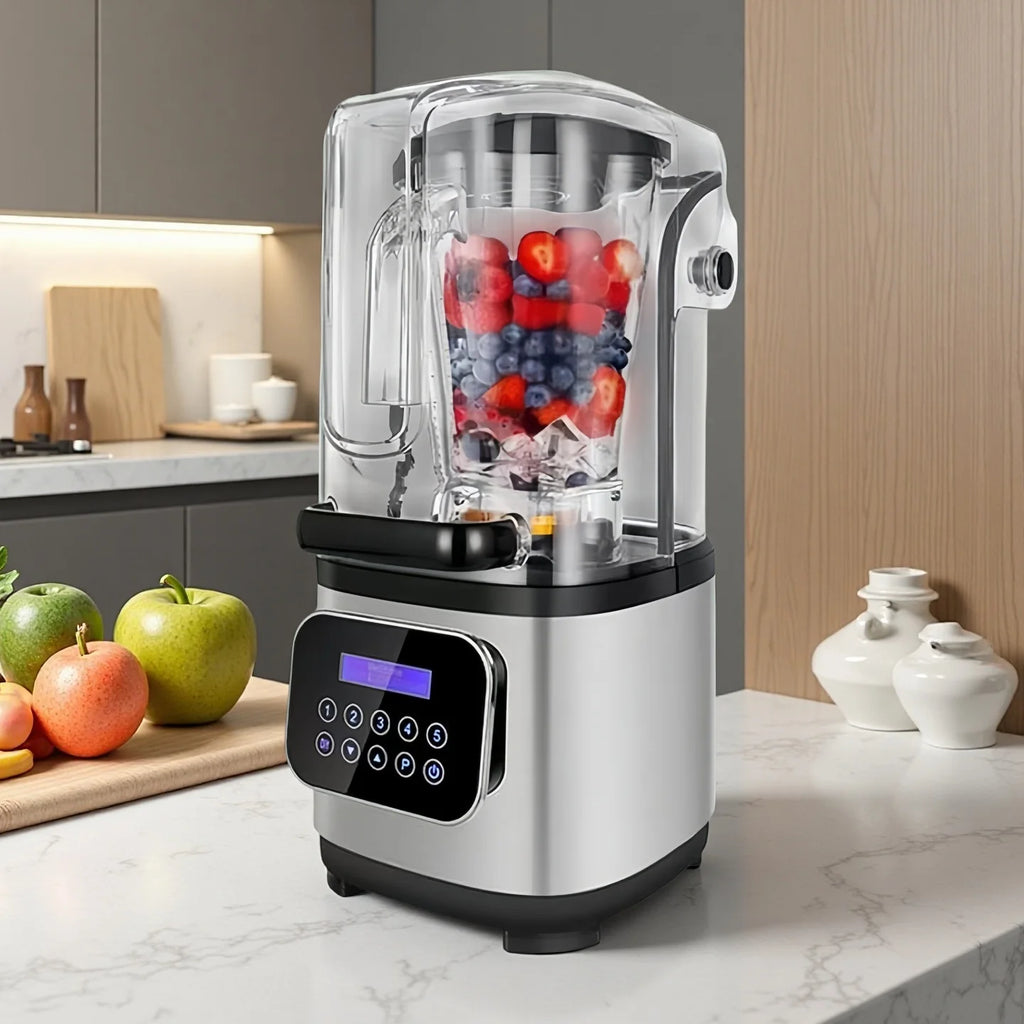 Countertop blender with a clear sound-shield cover, digital touch panel, and silver base, filled with mixed berries.
