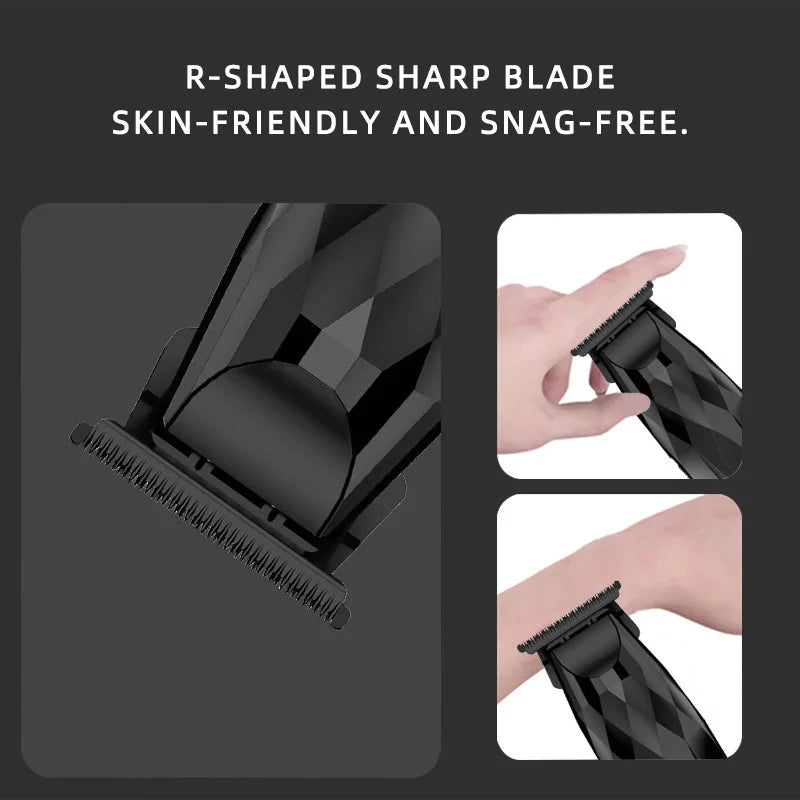 Black cordless hair trimmer with an R-shaped T-blade for safe, smooth grooming. Textured handle for easy grip.